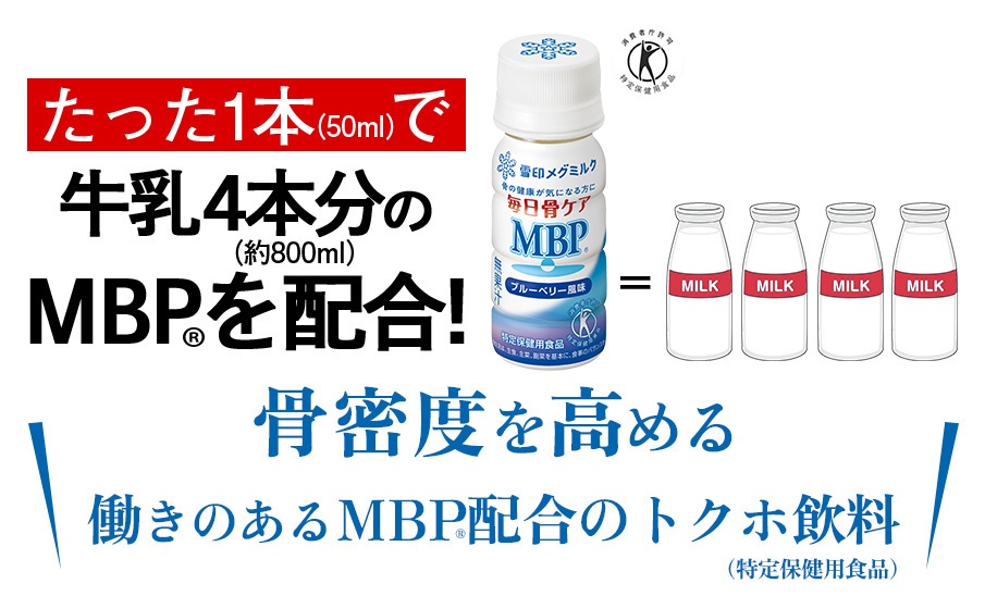 たった1本で牛乳約4本分のMBP(R)を配合! 骨密度を高める働きのあるMBP(R)配合のトクホ飲料